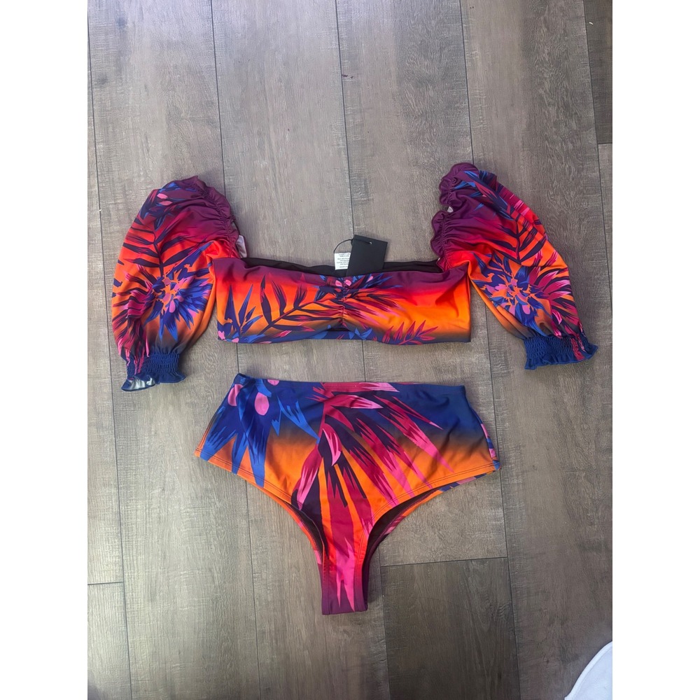 BFYNE Tropical Print Ruched Puff Sleeve Bikini Set XXL - Picture 2 of 5
